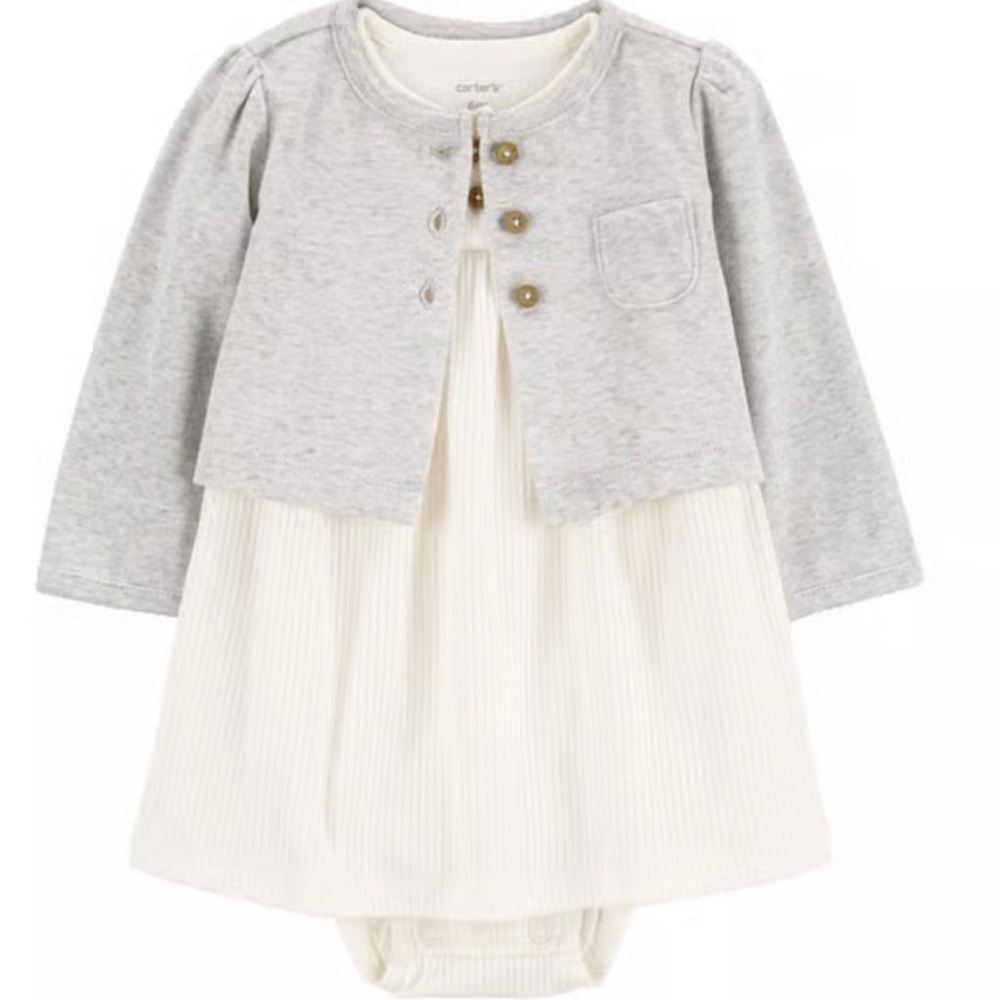 3 M Baby girl/ Carter's Light Gray Cardigan and Soft Cream Dress Set